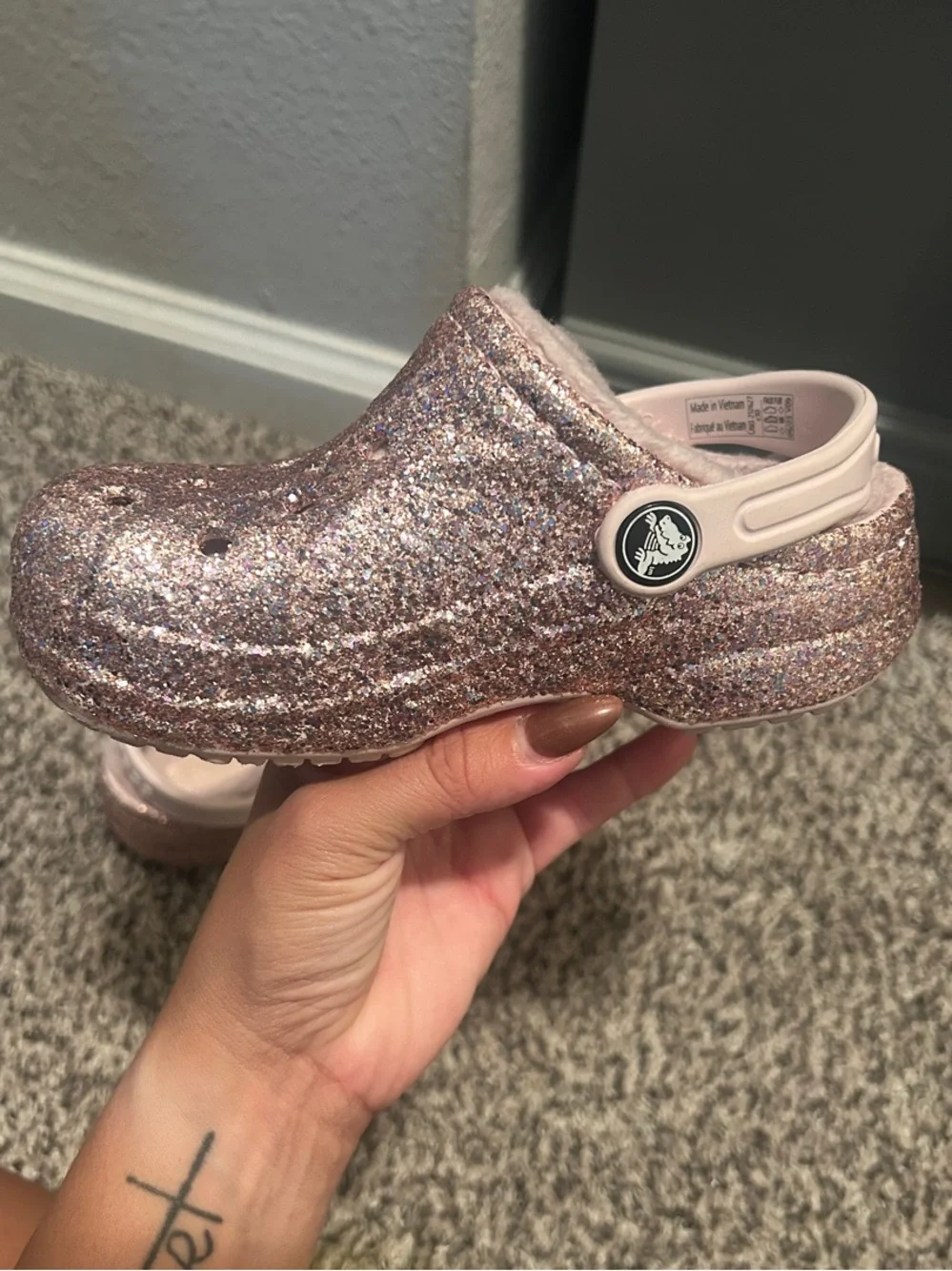 CROCS Kids Glitter Clog in Rose Gold with Light Pink Strap